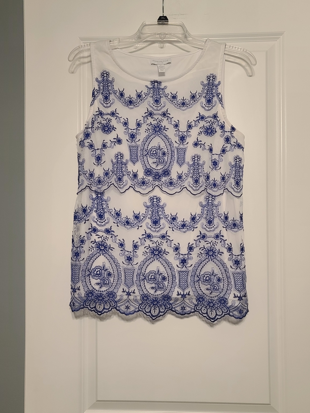 Women's Sz PL Charter Club White Sleeveless Top, Blue Embroidered Lace Overlay